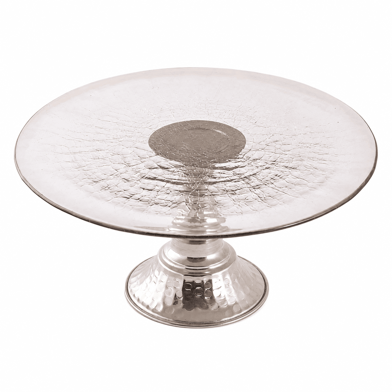Présentoir à gâteaux haut de gamme en verre soufflé (3) Assiette Présentoir à gâteaux haut de gamme en verre soufflé craquelé sur pied en cuivre martelé fait à la main MM – Image 1