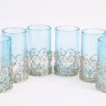 Ensemble de 6 verres à the droit en verre soufflé  craquelé  avec socle design sidi bousaid