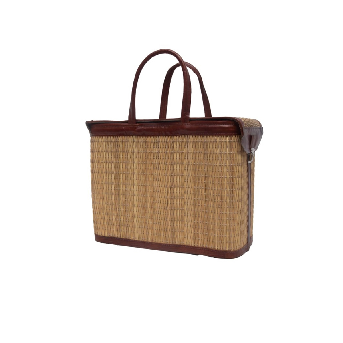 1 Sac Ecologique Couffin multi-usage avec deux poignées au look intemporel en fibre naturelle avec habillage et en cuir véritable en marron T1 – Image 1