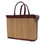 Sac Ecologique Couffin multi-usage avec deux poignées au look intemporel en fibre  naturelle avec habillage et en cuir véritable en marron T3