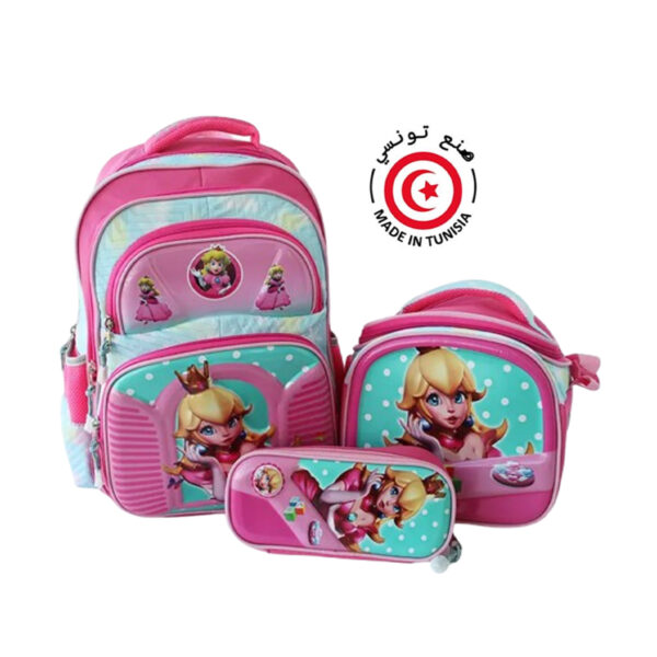 Ensemble scolaire GM haut de gamme 3 pièces design Princesse: 1 Cartable spacieux avec bretelles rembourrées et dos ergonomique 1 Panier isotherme idéal pour les goûters ou déjeuners 1 Trousse assortie pour stylos et accessoires