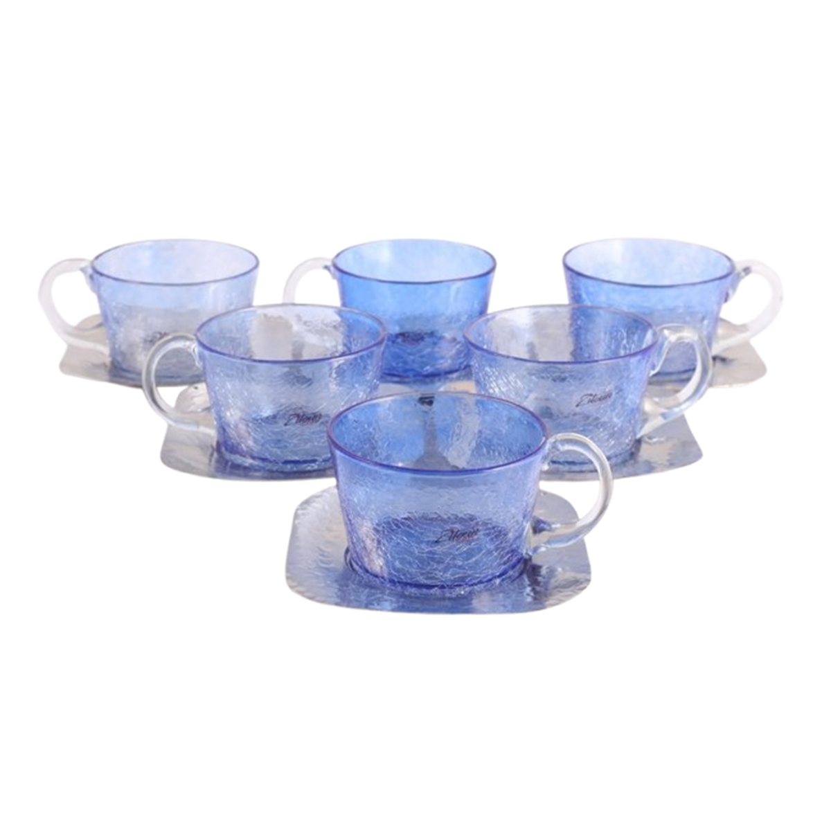 MZA 1199 Ensemble de 6 verres à grand café maxi coffee en verre soufflé craquelé avec sous tasse en cuivre martelé artisanal – Image 1