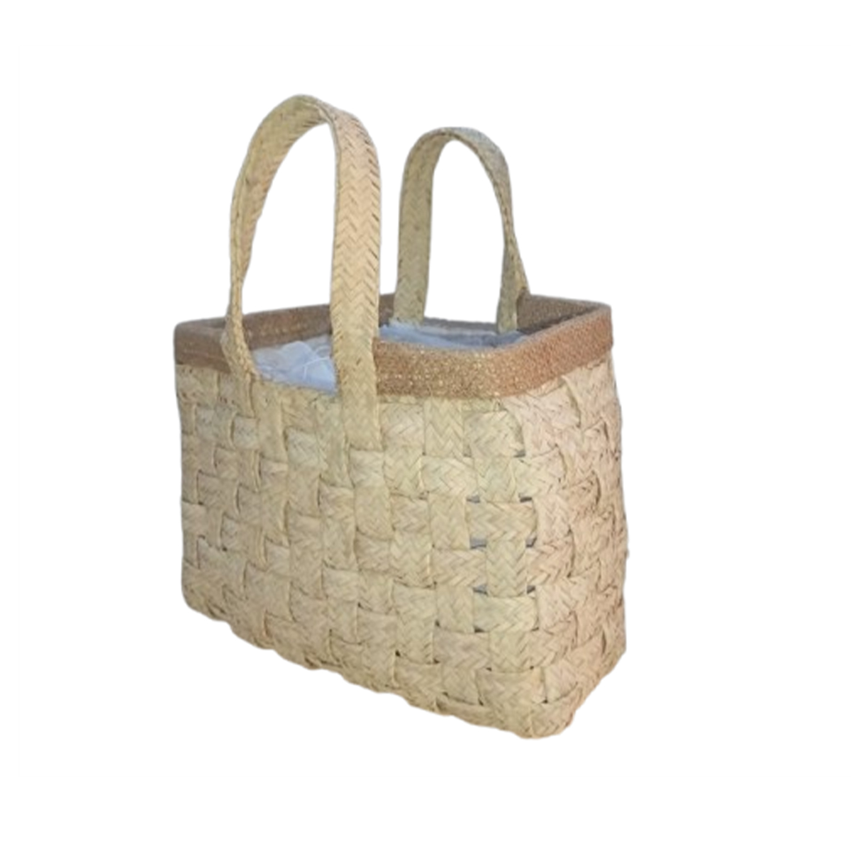 MHN 6471 Sac fashion haute gamme design vintage en tresses croisée couleur naturel avec deux poignées bordure en cuir véritable habillage en tissus fabrication artisanal MM – Image 1