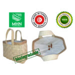 Sac fashion haute gamme design vintage en tresses  croisée couleur naturel avec deux poignées bordure en cuir véritable habillage en tissus fabrication artisanal MM – Image 3