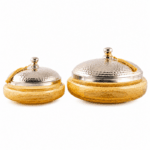 Duo Bonbonnière soucoupe haut de gamme en verre soufflé craquelé avec couvercle en cuivre martelé fait à la main GM + PM
