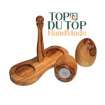 Duo Salière et Poivrière Rustique haute gamme design œuf  avec support en Bois d'Olivier fait main – Image 2