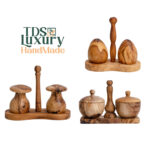 Duo Salière et Poivrière Rustique haute gamme design œuf  avec support en Bois d'Olivier fait main – Image 3