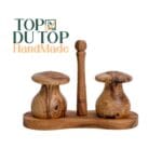Duo Salière et Poivrière Rustique haute gamme design champignons avec support en Bois d'Olivier fait main – Image 2