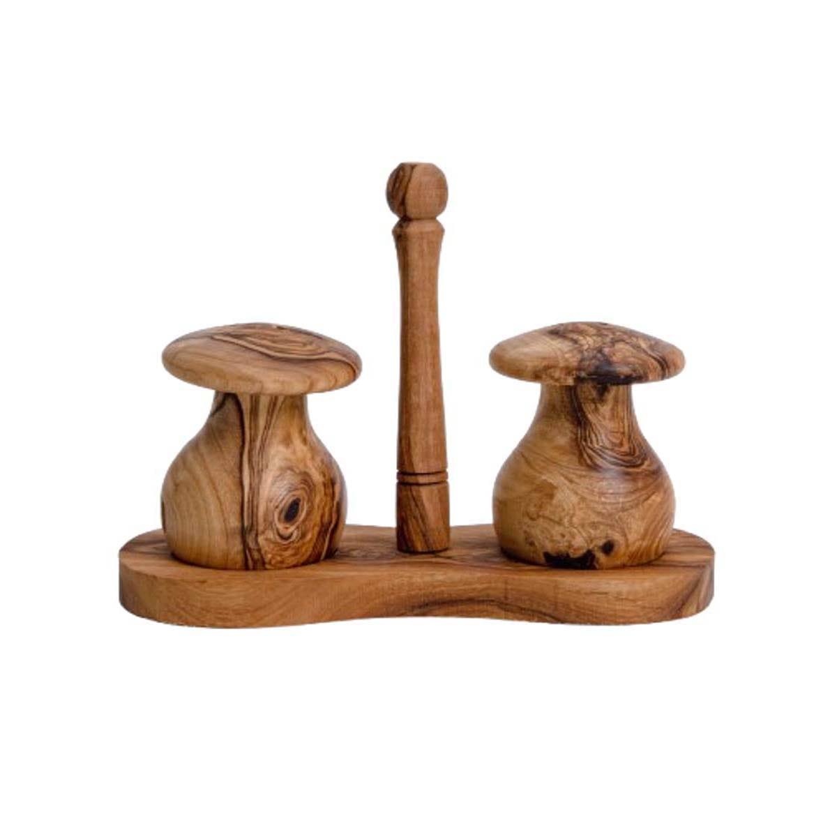 TOP 1081 Duo Salière et Poivrière Rustique haute gamme design champignons avec support en Bois d'Olivier fait main – Image 1