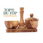 Duo Salière et Poivrière Rustique haute gamme design marmite avec couvercle et support en Bois d'Olivier fait main – Image 2