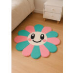 Tapis en laine tufté main à motif floral et visage souriant Tapis décoratif pour chambre enfant fille et garçon – Image 2