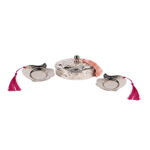 Coffret cadeau haut de gamme duo plaisir 3 pièces * 1 Boîte à Délices ronde design arabesque et 2 Mini assiettes à desserts design khamsa en cuivre martelé fait à la main