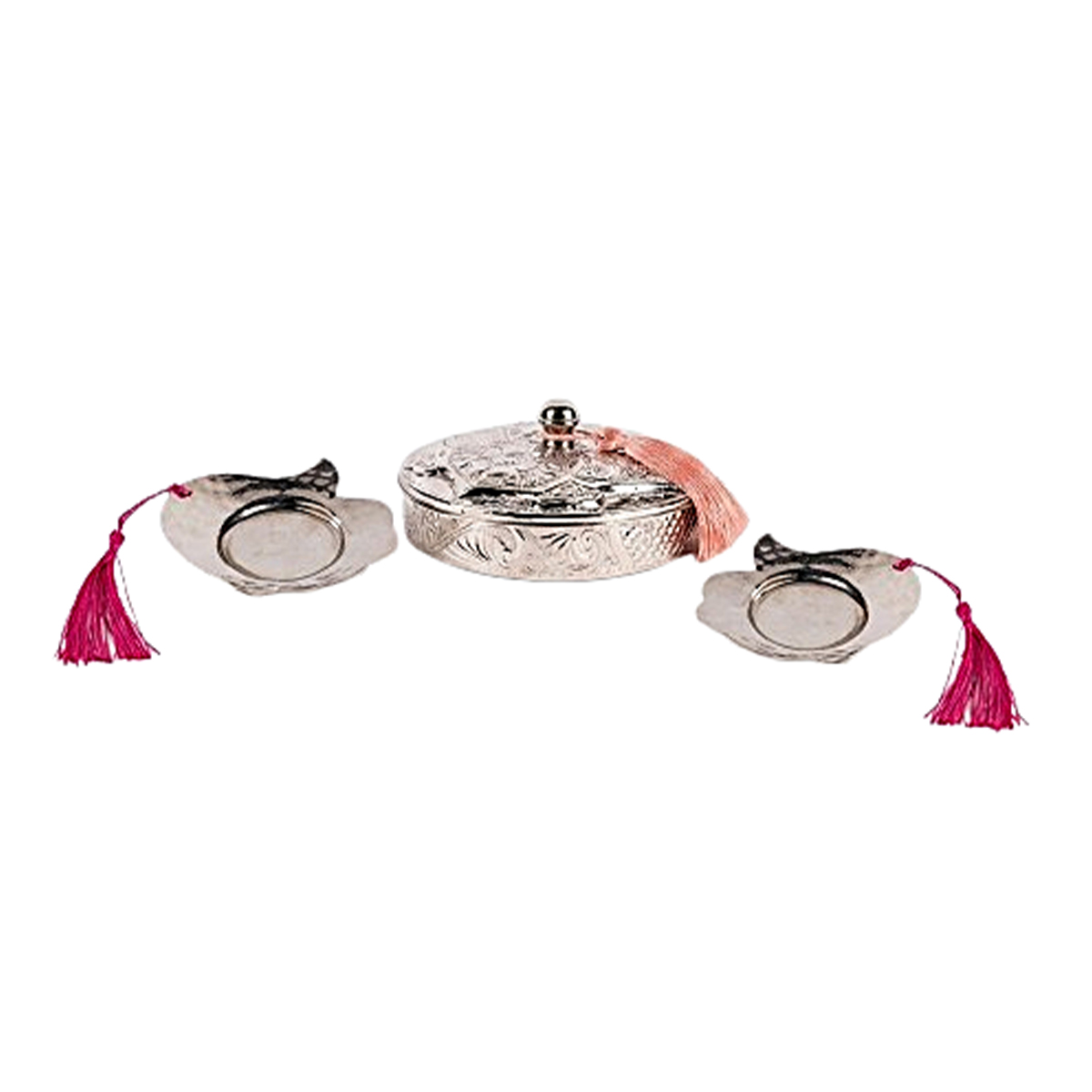 7 Coffret cadeau haut de gamme duo plaisir 3 pièces * 1 Boîte à Délices ronde design arabesque et 2 Mini assiettes à desserts design khamsa en cuivre martelé fait à la main – Image 1