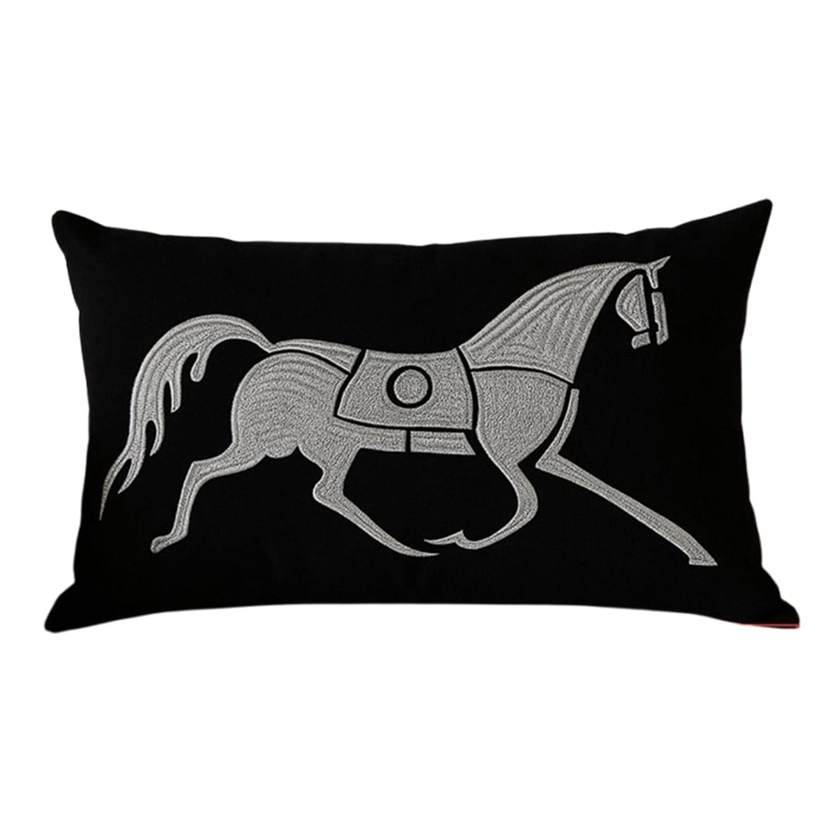 ARH 7010 Coussin rectangulaire noir haut de gamme en velours de qualité supérieure motif brodé cheval argent de style vintage – Image 1