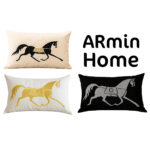 Coussin rectangulaire noir haut de gamme en velours de qualité supérieure motif brodé cheval noir de style vintage – Image 3