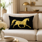 Coussin rectangulaire haut de gamme en velours noir profond de motif cheval brodé doré fait main – Image 7