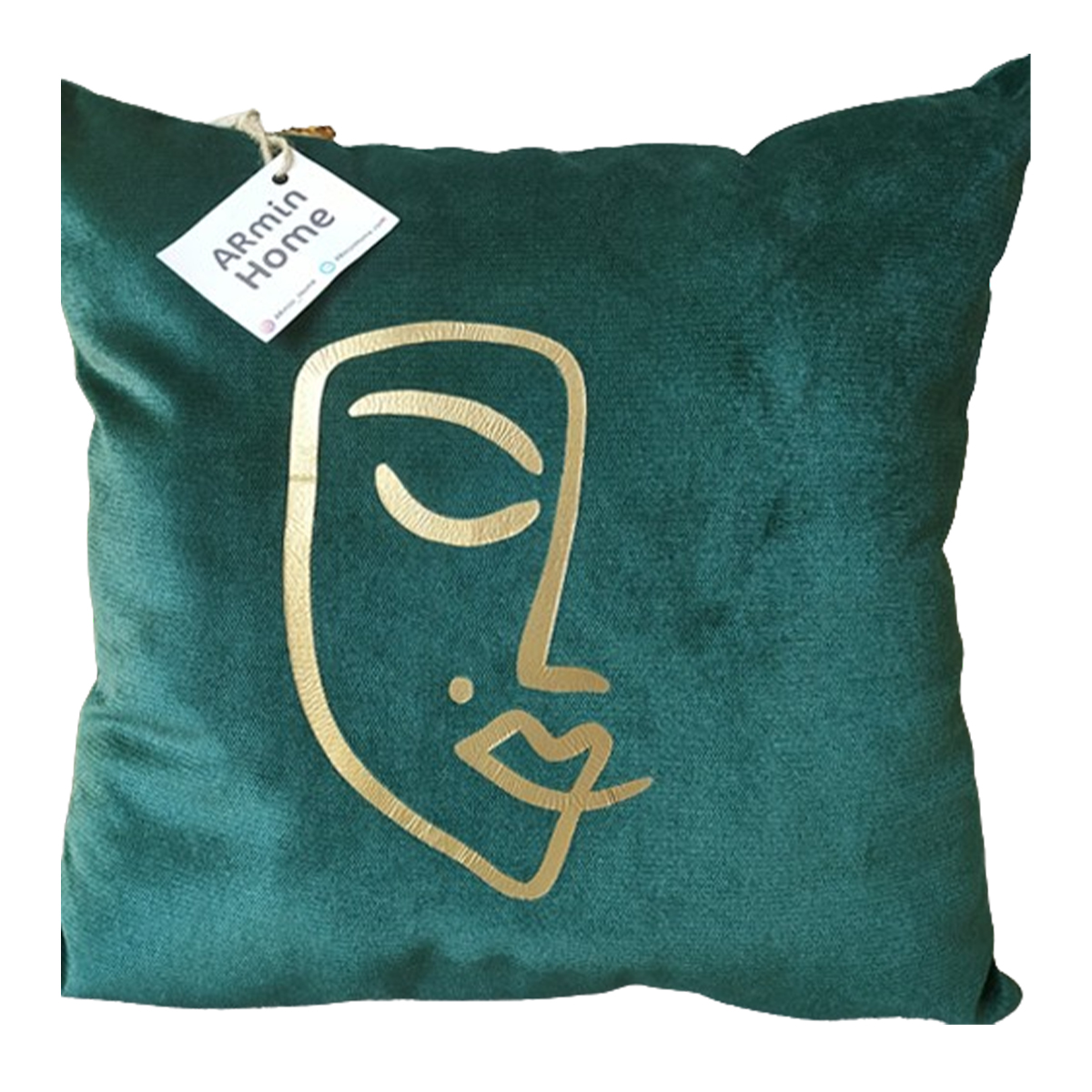 ARH 7019 Coussin carrée vert haut de gamme en velours de qualité supérieure motif Women Face brodé doré de style vintage – Image 1