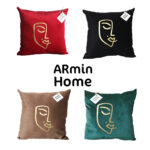 Coussin carrée marron haut de gamme en velours de qualité supérieure motif Women Face  brodé doré de style vintage – Image 3