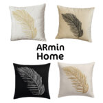 Coussin carrée blanc haut de gamme en velours de qualité supérieure motif plume brodé doré de style vintage – Image 3