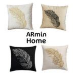Coussin carrée blanc sale haut de gamme en velours de qualité supérieure motif plume brodé noir de style vintage – Image 3