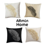 Coussin carrée blanc sale haut de gamme en velours de qualité supérieure motif plume brodé doré de style vintage – Image 3
