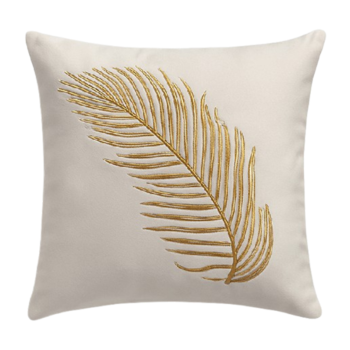 ARH 7053 Coussin carrée blanc sale haut de gamme en velours de qualité supérieure motif plume brodé doré de style vintage – Image 1
