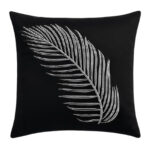 Coussin carrée noir haut de gamme en velours de qualité supérieure motif plume brodé argent de style vintage