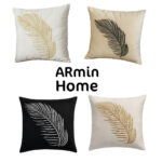 Coussin carrée noir haut de gamme en velours de qualité supérieure motif plume brodé argent de style vintage – Image 3