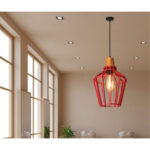 Suspension design Armin Home rouge en bois Suspension ajourée en lamelles de bois de style vintage fabrication artisanale T3 – Image 2
