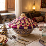 Couvre-plat alimentaire design cloche fait main tressée en fibre naturelle de palmier Bicolor  motif arabesque MM – Image 2