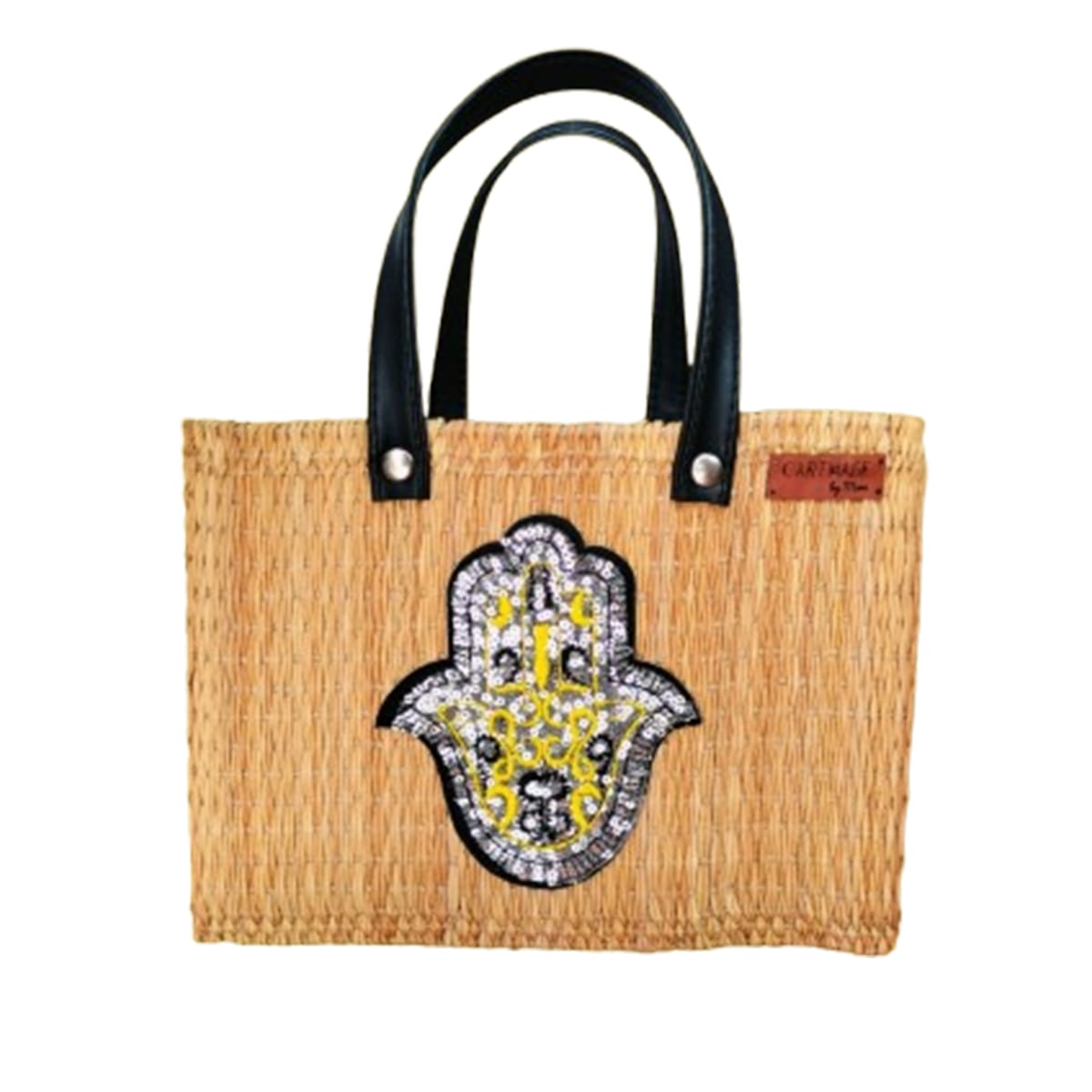FMM 2201 Couffin fashion haute gamme en fibre végétale naturel avec deux poignées en cuir véritable texturé motif khamsa brodée main GM FMM 2201 – Image 1