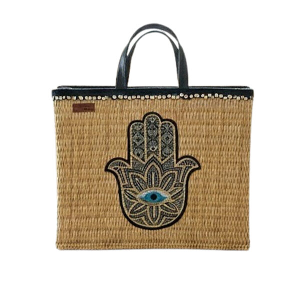 Couffin fashion haute gamme en fibre végétale naturel avec deux poignées en cuir véritable texturé motif khamsa brodée main GM FMM 2203