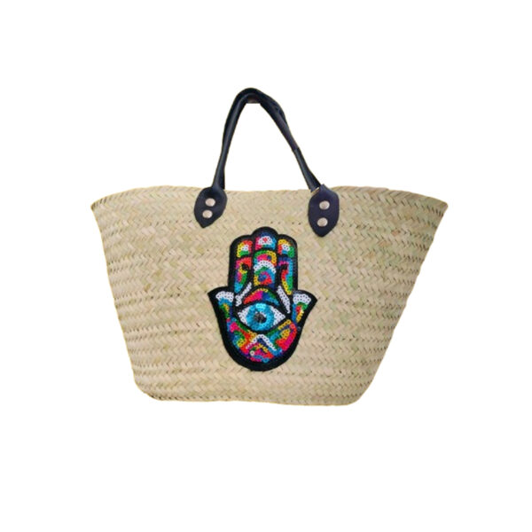 Couffin fashion haute gamme en fibre végétale naturel avec deux poignées en cuir véritable texturé motif khamsa brodée main GM FMM 2207