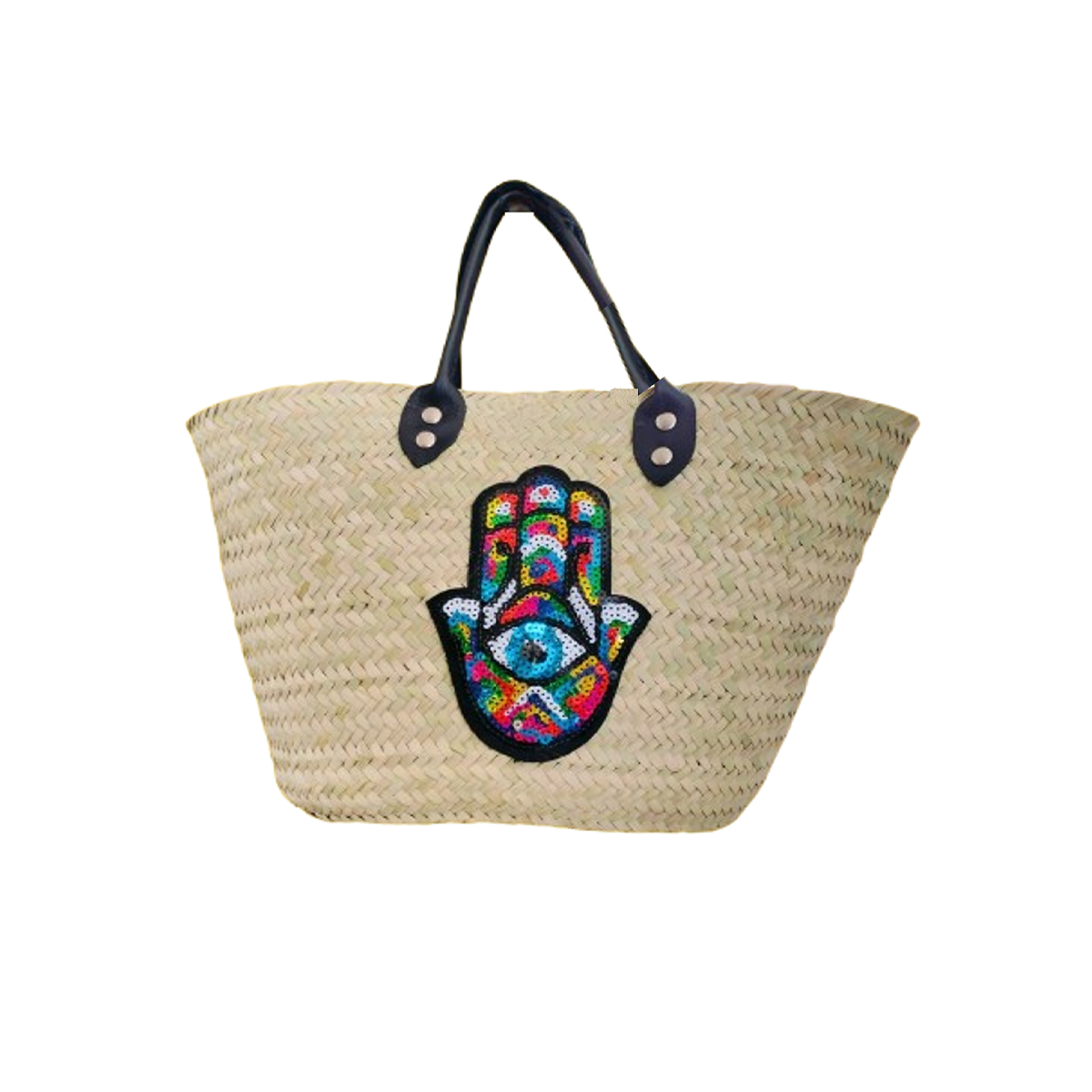 FMM 2207 Couffin fashion haute gamme en fibre végétale naturel avec deux poignées en cuir véritable texturé motif khamsa brodée main GM FMM 2207 – Image 1