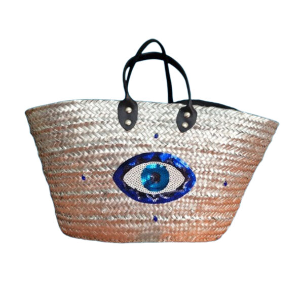 Couffin fashion haute gamme en fibre végétale naturel avec deux poignées en cuir véritable texturé motif mauvaise œil brodée main GM