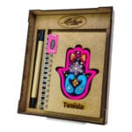 Coffret cadeau haut de gamme 2 pièces * Carnet professionnel, bloc-notes couverture en bois texturé motif khamsa brodée main et un stylo assorti