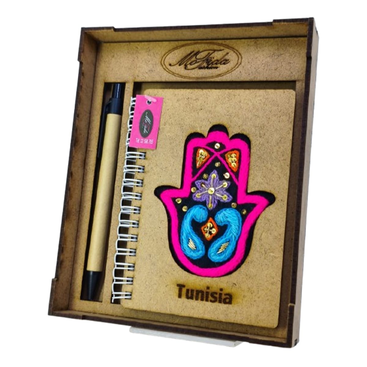 MFB 8002 Coffret cadeau haut de gamme 2 pièces * Carnet professionnel, bloc-notes couverture en bois texturé motif khamsa brodée main et un stylo assorti – Image 1