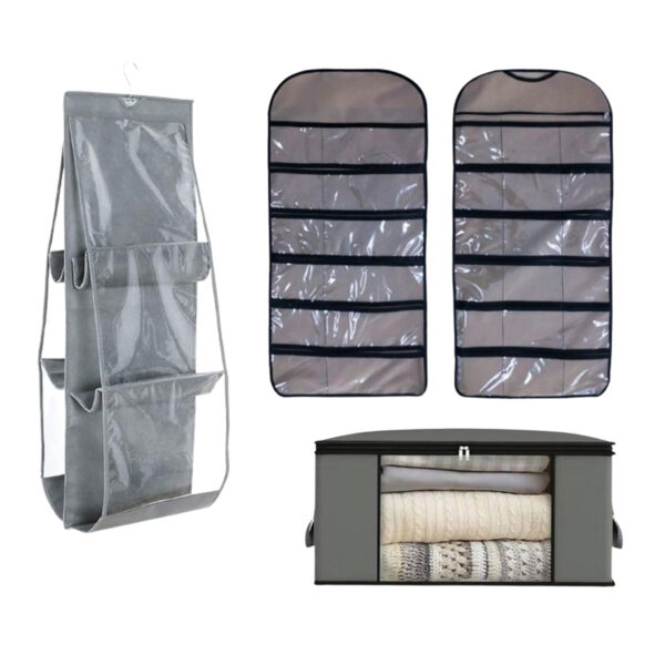 Pack de Pièces: 1 Boite de Rangement Vêtement T1 et 1 Organisateur à Sac à Main double face avec 6 poches et 1 Organisateur de sous-vêtements 30 Poches