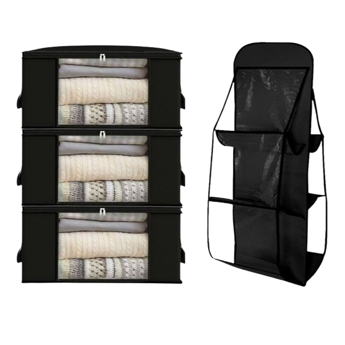 NPR 8831 Pack de 4 Pièces: 3 Boite de Rangement Vêtement T1 et 1 Organisateur Suspendu double face avec 6 poches de rangements à Sac à Main – Image 1