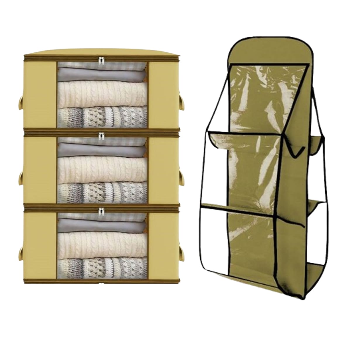 NPR 8832 Pack de 4 Pièces: 3 Boite de Rangement Vêtement T1 et 1 Organisateur Suspendu double face avec 6 poches de rangements à Sac à Main – Image 1