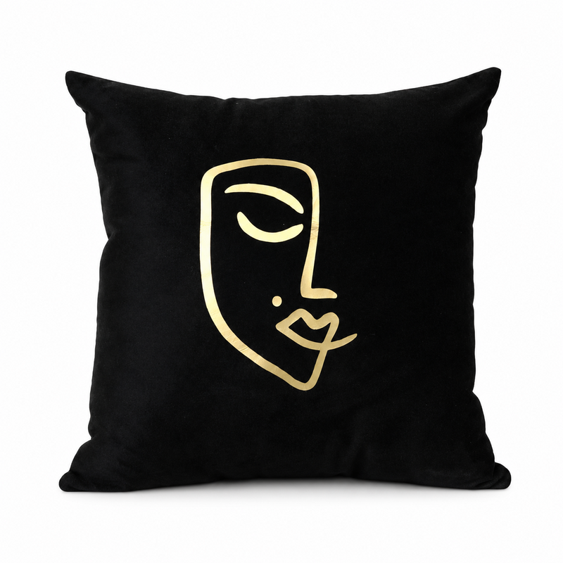 Noir et doré Coussin carrée en noir motif Women Face doré – Image 1