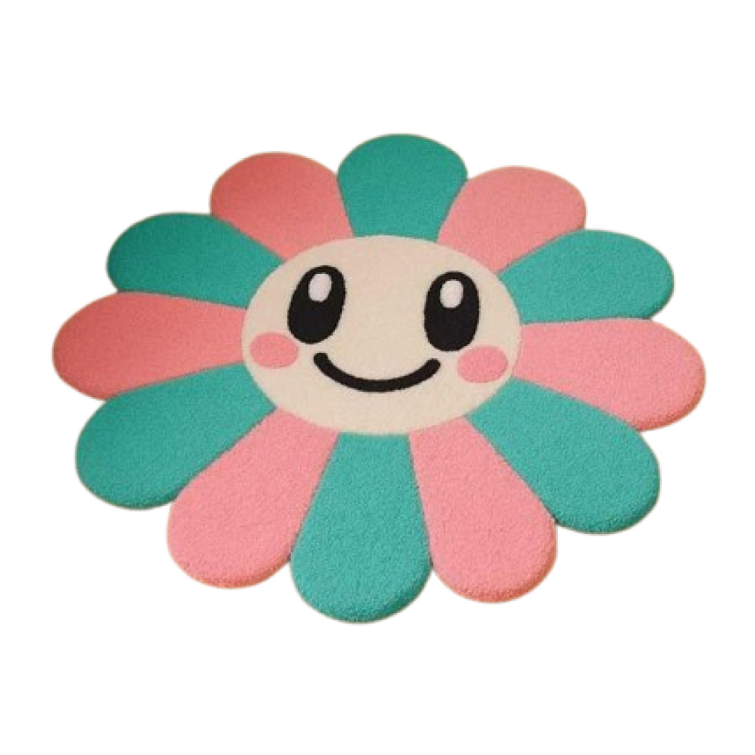 Tapis-en-laine-tufté Tapis en laine tufté main à motif floral et visage souriant Tapis décoratif pour chambre enfant fille et garçon – Image 1