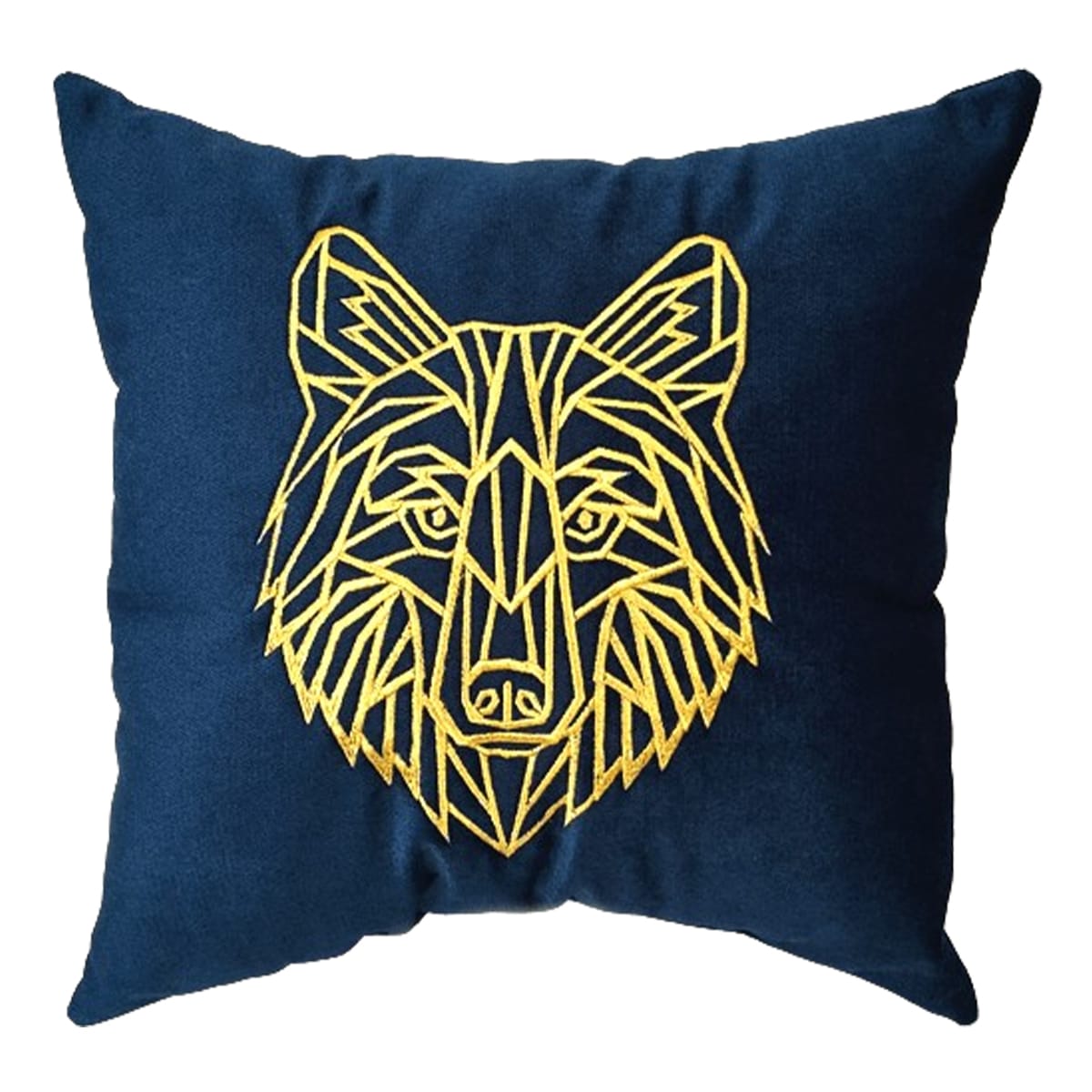 ARH 7026 Coussin carrée bleu roi haut de gamme en velours de qualité supérieure motif loup brodé doré de style vintage – Image 1
