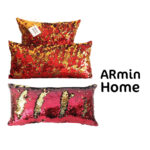 Duo Coussin à paillettes réversible haut de gamme carrée et rectangulaire en rouge et doré de qualité supérieure de style vintage – Image 3