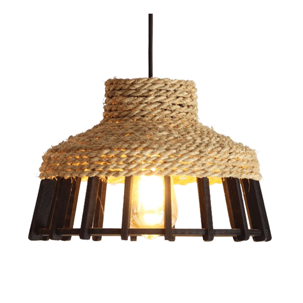 ARH 8030 Suspension Kabbous noir Lampes design Armin Home Suspension ajourée en lamelles de bois et fibre naturelle de style vintage fabrication artisanale T7 – Image 1
