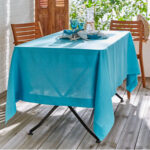 Ensemble 1 Nappe et 6 Serviette de Table haut de gamme en Bleu turquoise confectionnée en 100% lin قمرايا raffinées fait à la main M36 – Image 2