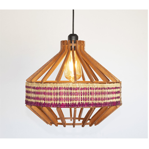 Suspension Trapezz Jonc Bicolor Lampes design Armin Home Suspension ajourée en lamelles de bois et fibre naturelle de style vintage fabrication artisanale T7 – Image 3