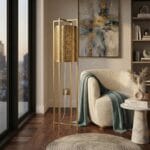 Lampadaire Cylindrique Contemporain Artisanal en Cuivre Doré perforé fait main – Image 3