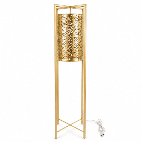 Lampadaire Cylindrique Contemporain Artisanal en Cuivre Doré perforé fait main