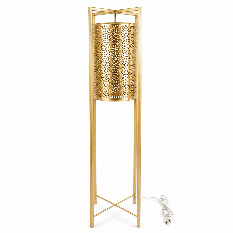 Lampadaire Cylindrique Contemporain Lampadaire Cylindrique Contemporain Artisanal en Cuivre Doré perforé fait main – Image 1
